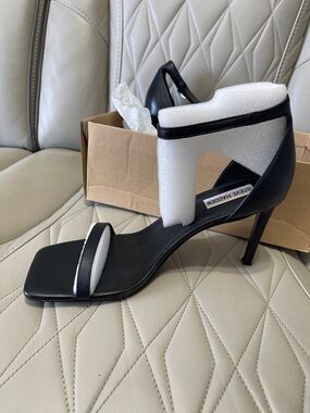 Steve Madden Black Leather Square-Toe Ankle-Strap Heel
